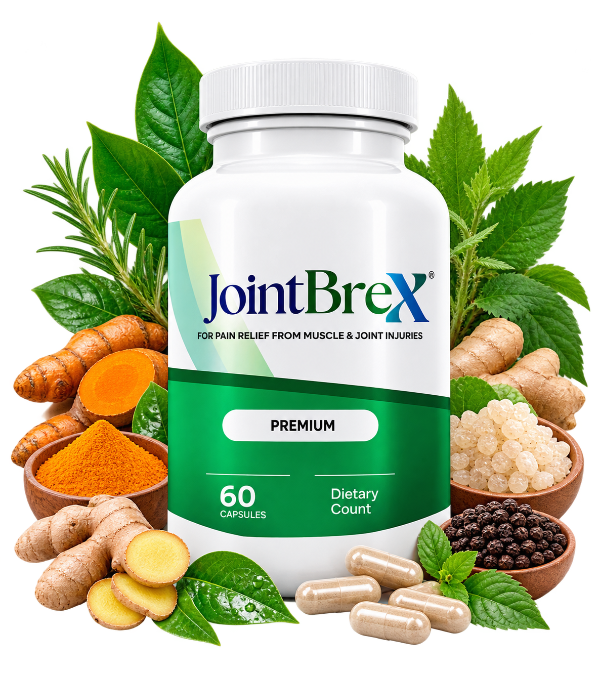JointBrex supplement bottle surrounded by fresh herbs, roots and botanicals