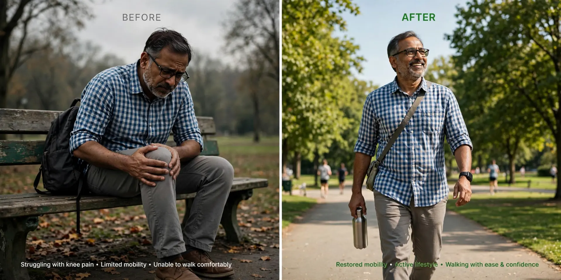 Side by side comparison of limited mobility and an active walk in the park