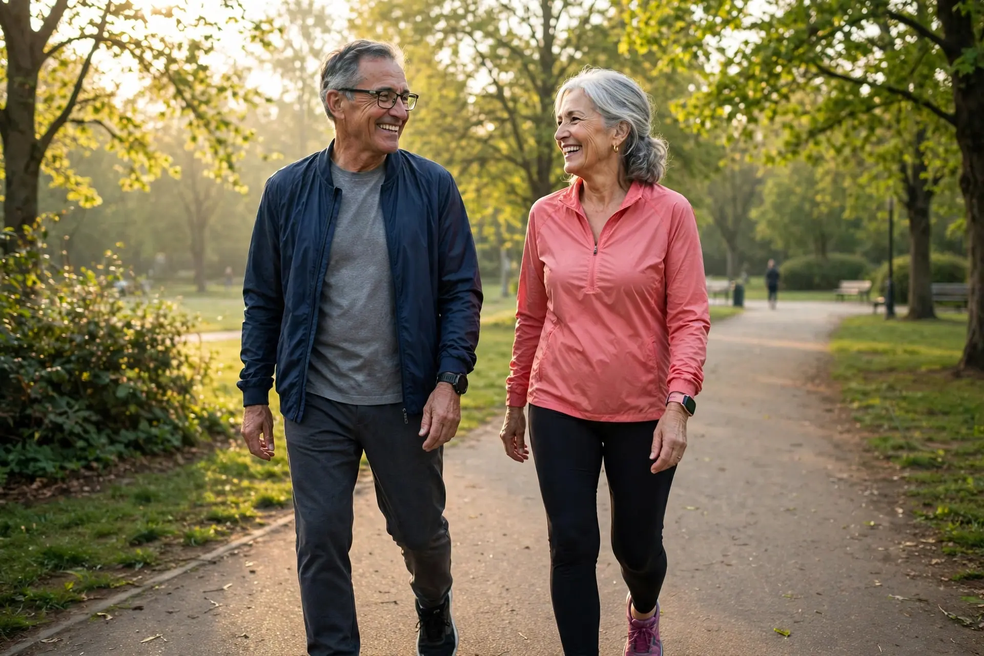 Older couple walking together in a sunlit park