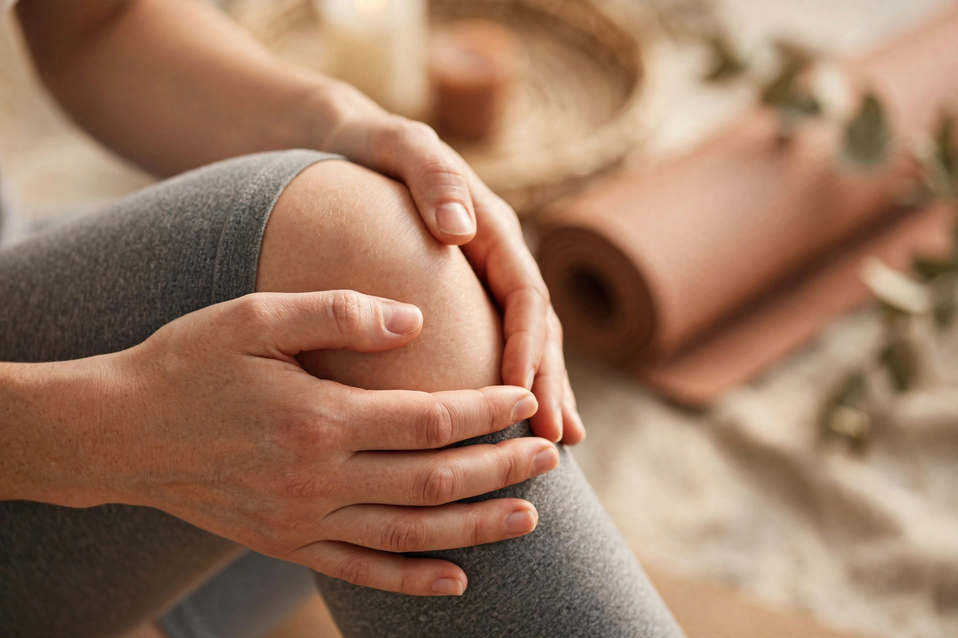 Person holding their knee while sitting near a yoga mat